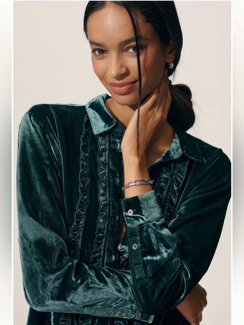 Anthropologie Pilcro Velvet Ruffle-Trim Button-Up Blouse in Deep Teal